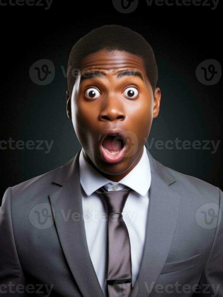 Young man with African features dressed in suit is shocked AI Generative photo