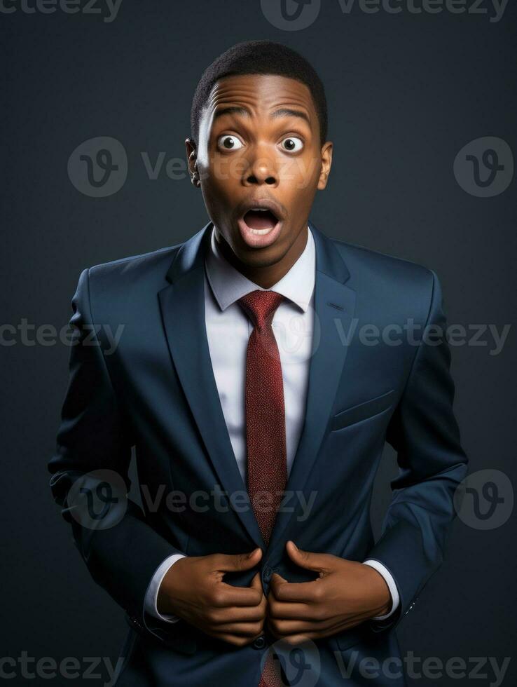 Young man with African features dressed in suit is shocked AI Generative photo