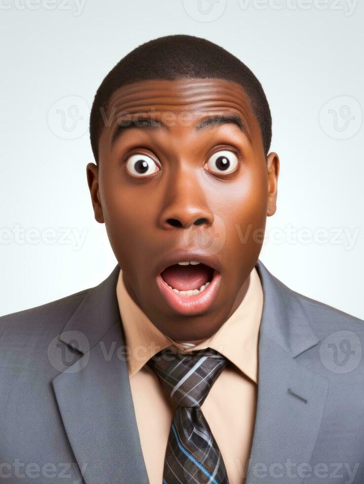 Young man with African features dressed in suit is shocked AI Generative photo