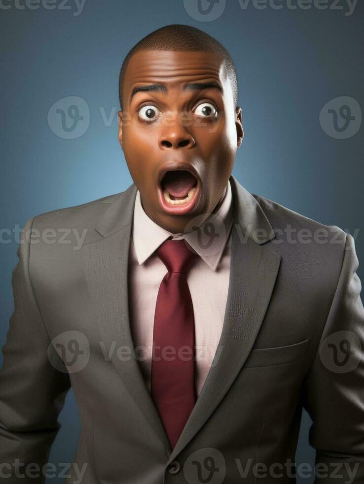 Young man with African features dressed in suit is shocked AI Generative photo