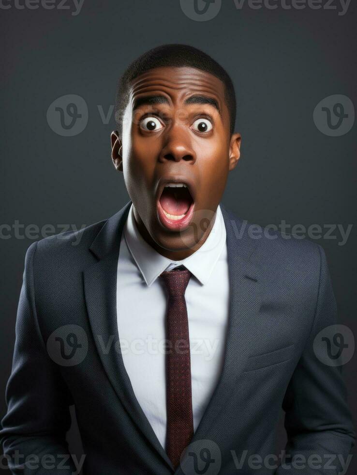 Young man with African features dressed in suit is shocked AI Generative photo