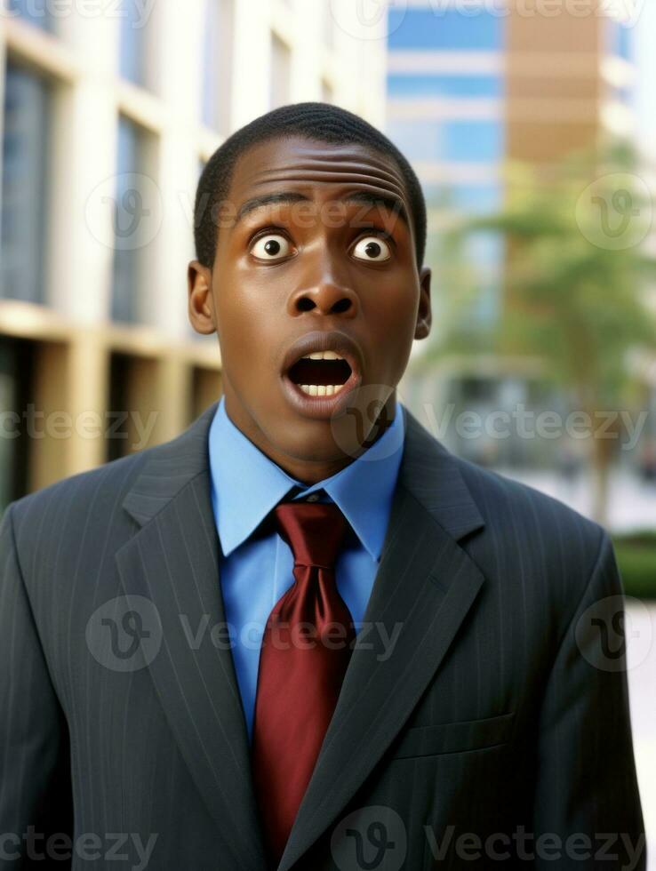 Young man with African features dressed in suit is shocked AI Generative photo