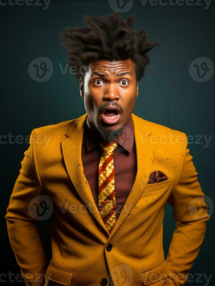 Young man with African features dressed in suit is shocked AI Generative photo