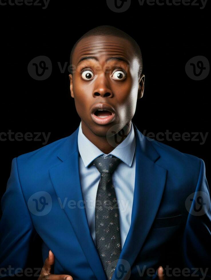 Young man with African features dressed in suit is shocked AI Generative photo