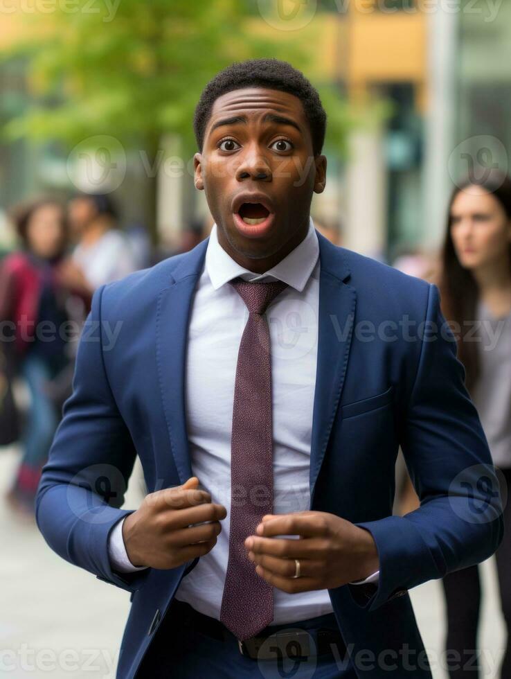 Young man with African features dressed in suit is shocked AI Generative photo
