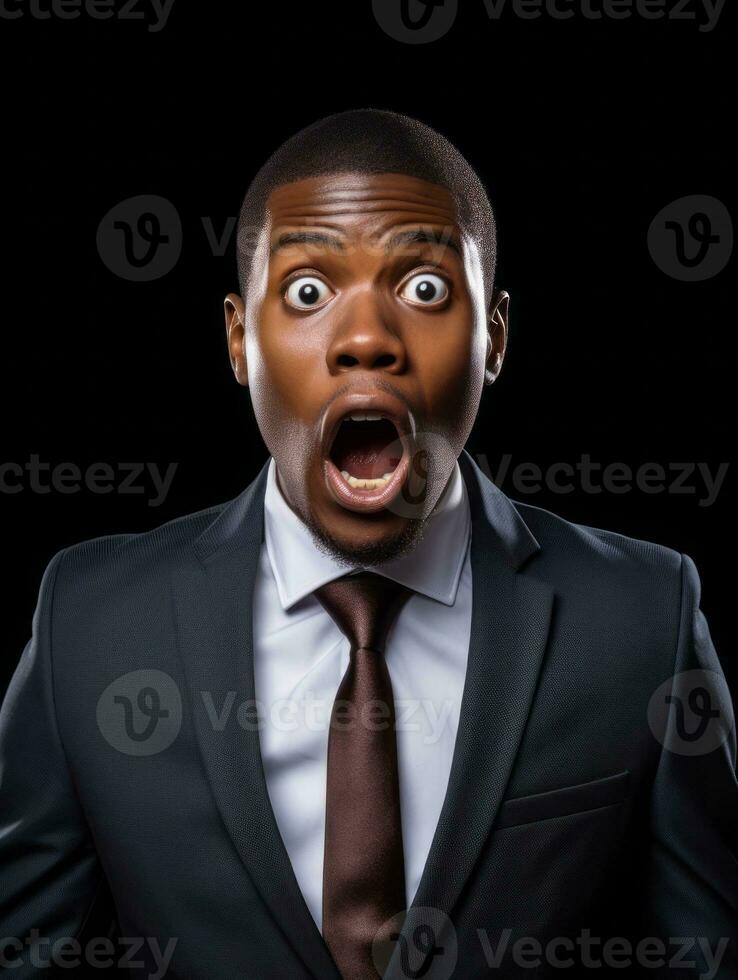 Young man with African features dressed in suit is shocked AI Generative photo