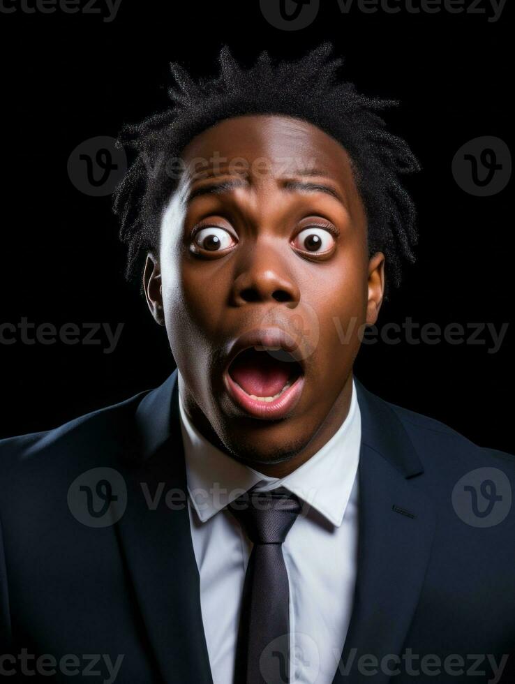 Young man with African features dressed in suit is shocked AI Generative photo