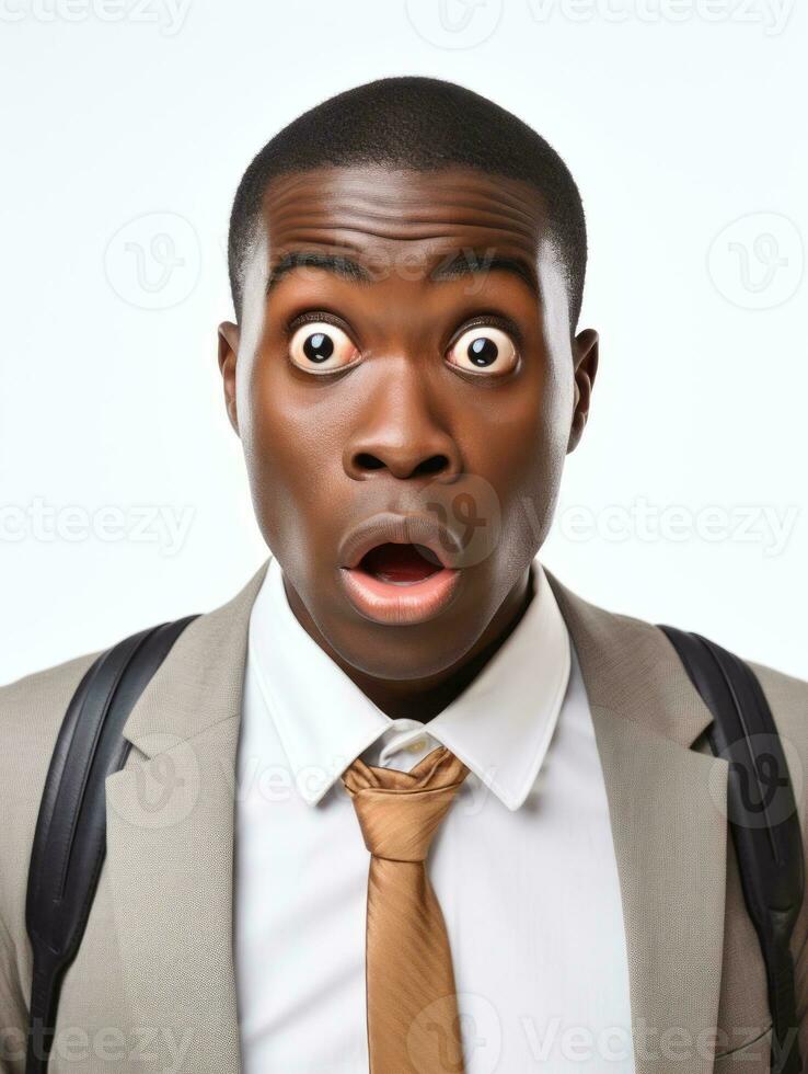 Young man with African features dressed in suit is shocked AI Generative photo