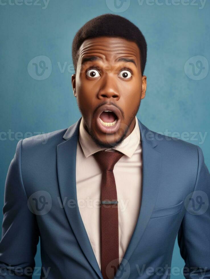 Young man with African features dressed in suit is shocked AI Generative photo
