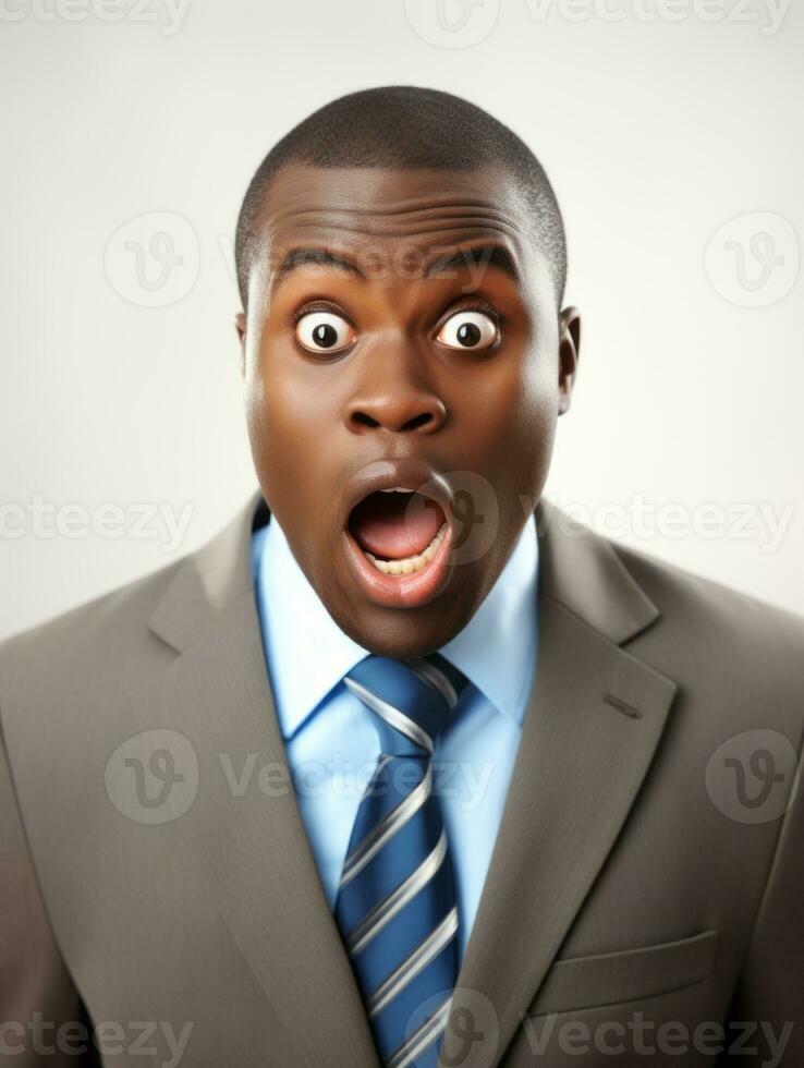 Young man with African features dressed in suit is shocked AI Generative photo