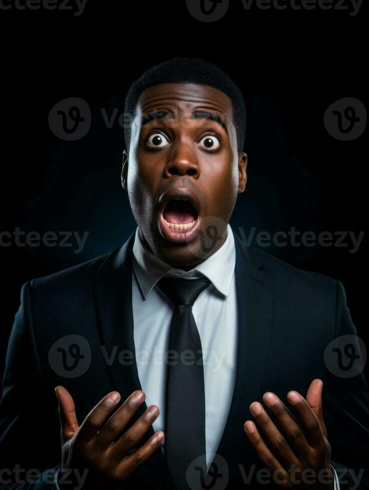 Young man with African features dressed in suit is shocked AI Generative photo
