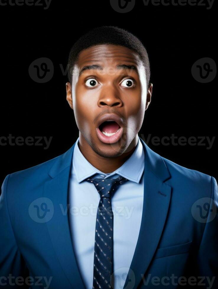 Young man with African features dressed in suit is shocked AI Generative photo
