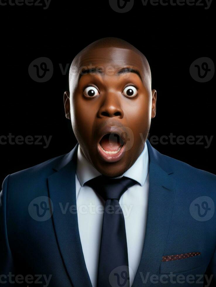 Young man with African features dressed in suit is shocked AI Generative photo