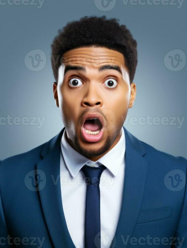 Young man with African features dressed in suit is shocked AI Generative photo