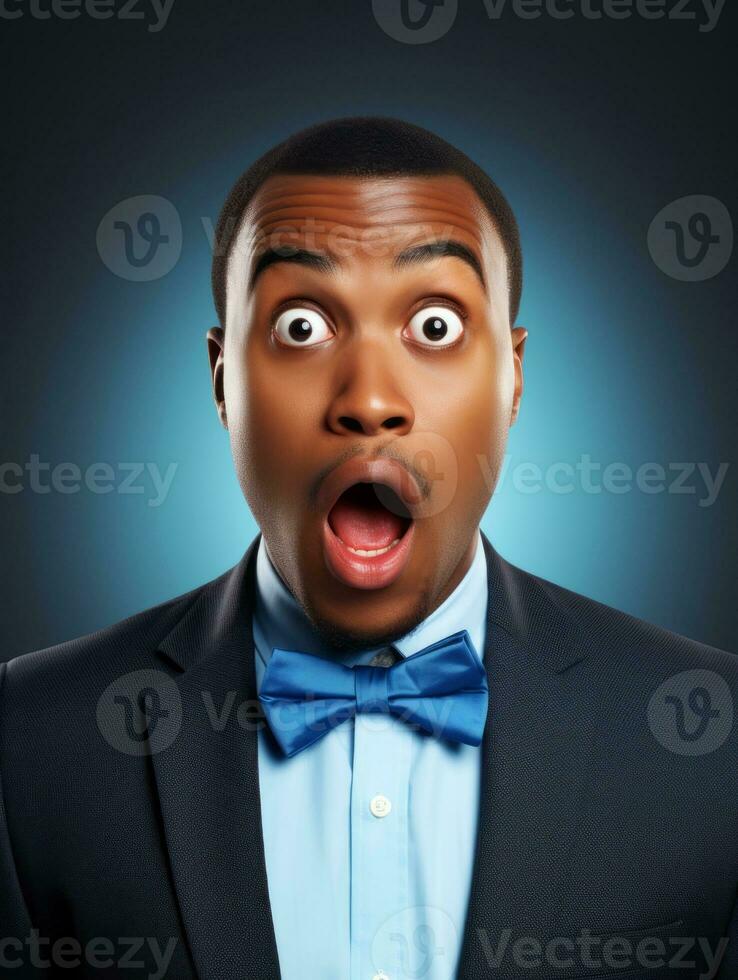 Young man with African features dressed in suit is shocked AI Generative photo