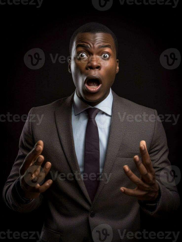 Young man with African features dressed in suit is shocked AI Generative photo