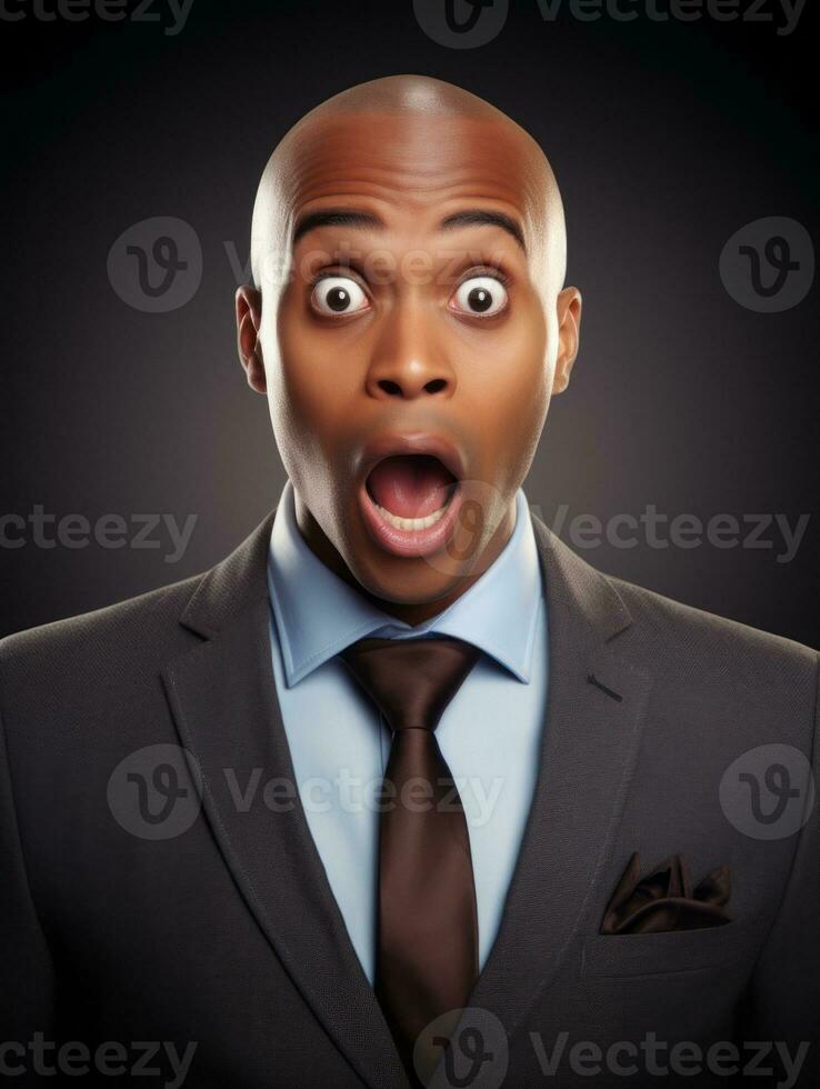 Young man with African features dressed in suit is shocked AI Generative photo