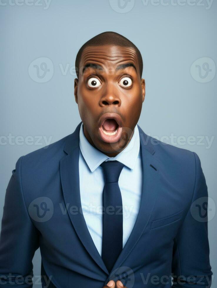 Young man with African features dressed in suit is shocked AI Generative photo