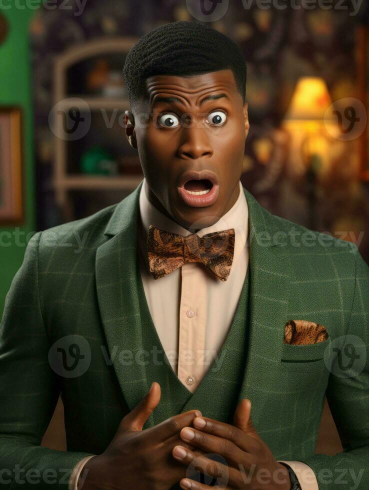 Young man with African features dressed in suit is shocked AI Generative photo