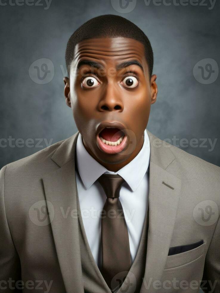 Young man with African features dressed in suit is shocked AI Generative photo
