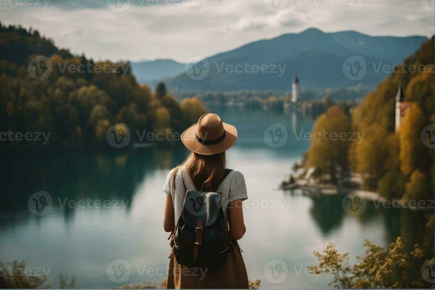 A focused view on a sitting girl looking at the island Bled with its church in the middle of the ai generative. photo