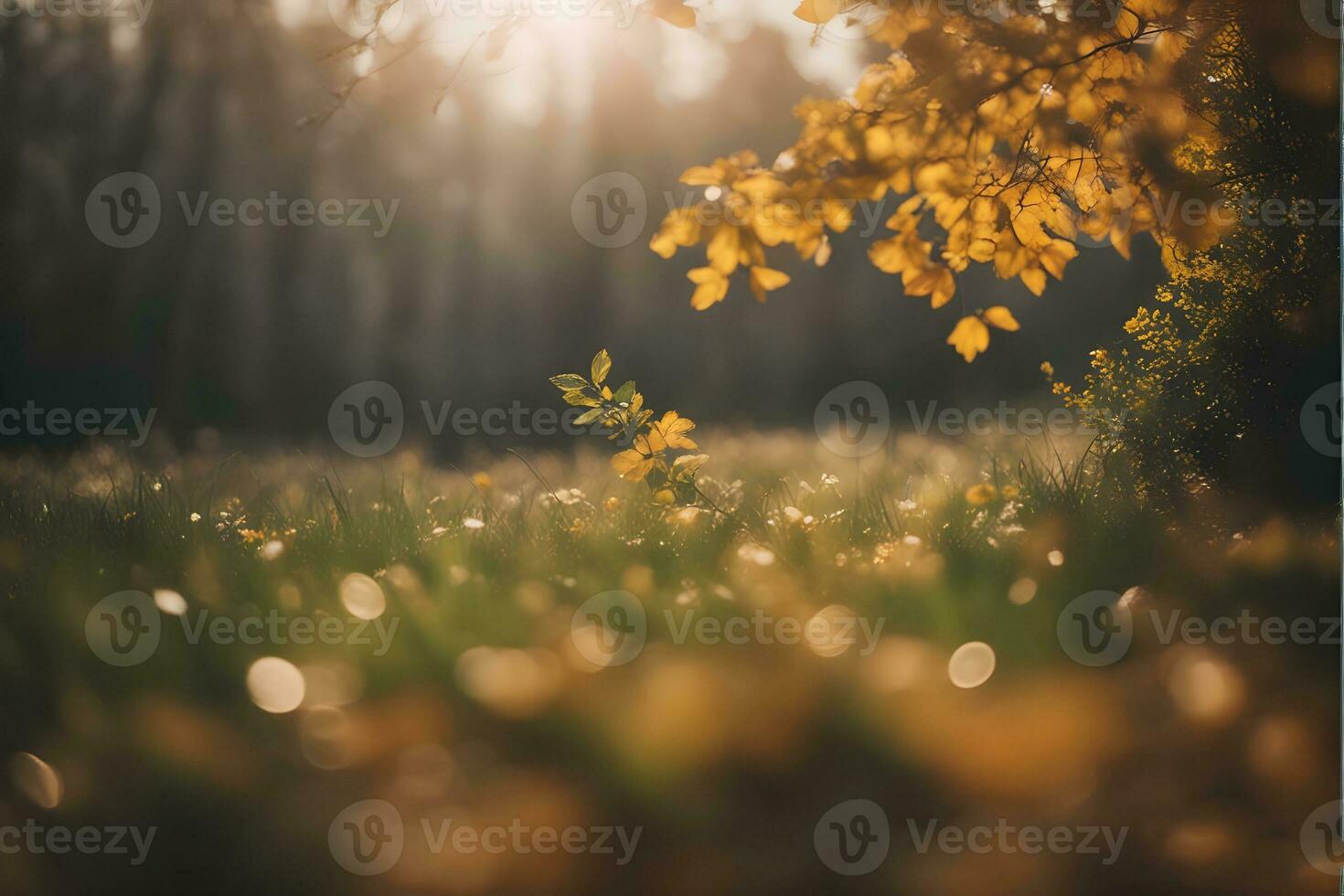 Autumn forest road leaves fall in ground landscape on autumnal background. Colorful foliage in the park. Falling leaves. Autumn trees in the fog Digital 3D illustration. AI-Generated photo