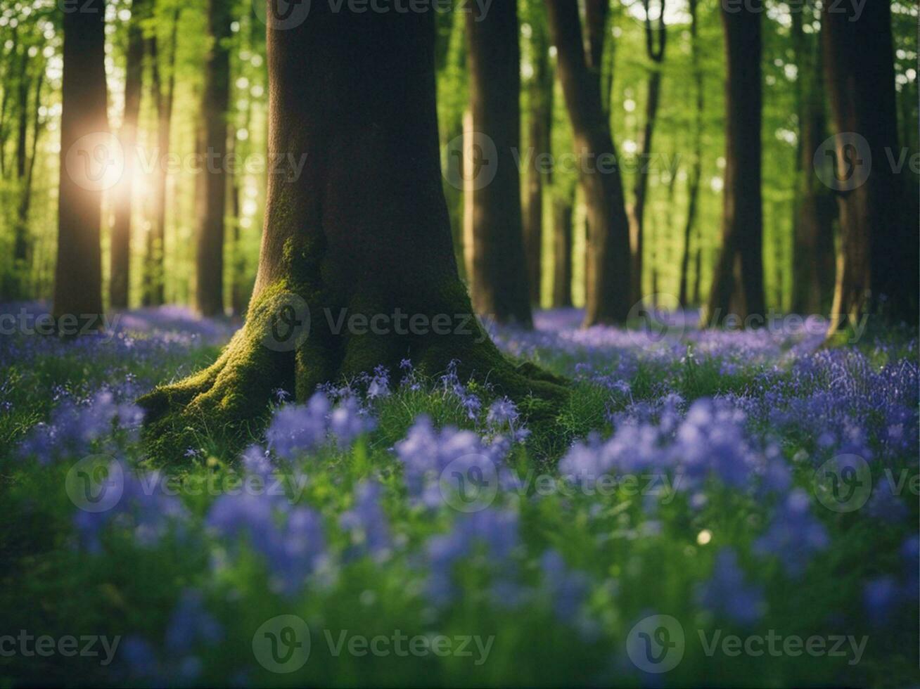 Sunlight shines through beech trees in the bluebell woods of Hallerbos in Belgium ai generate. photo