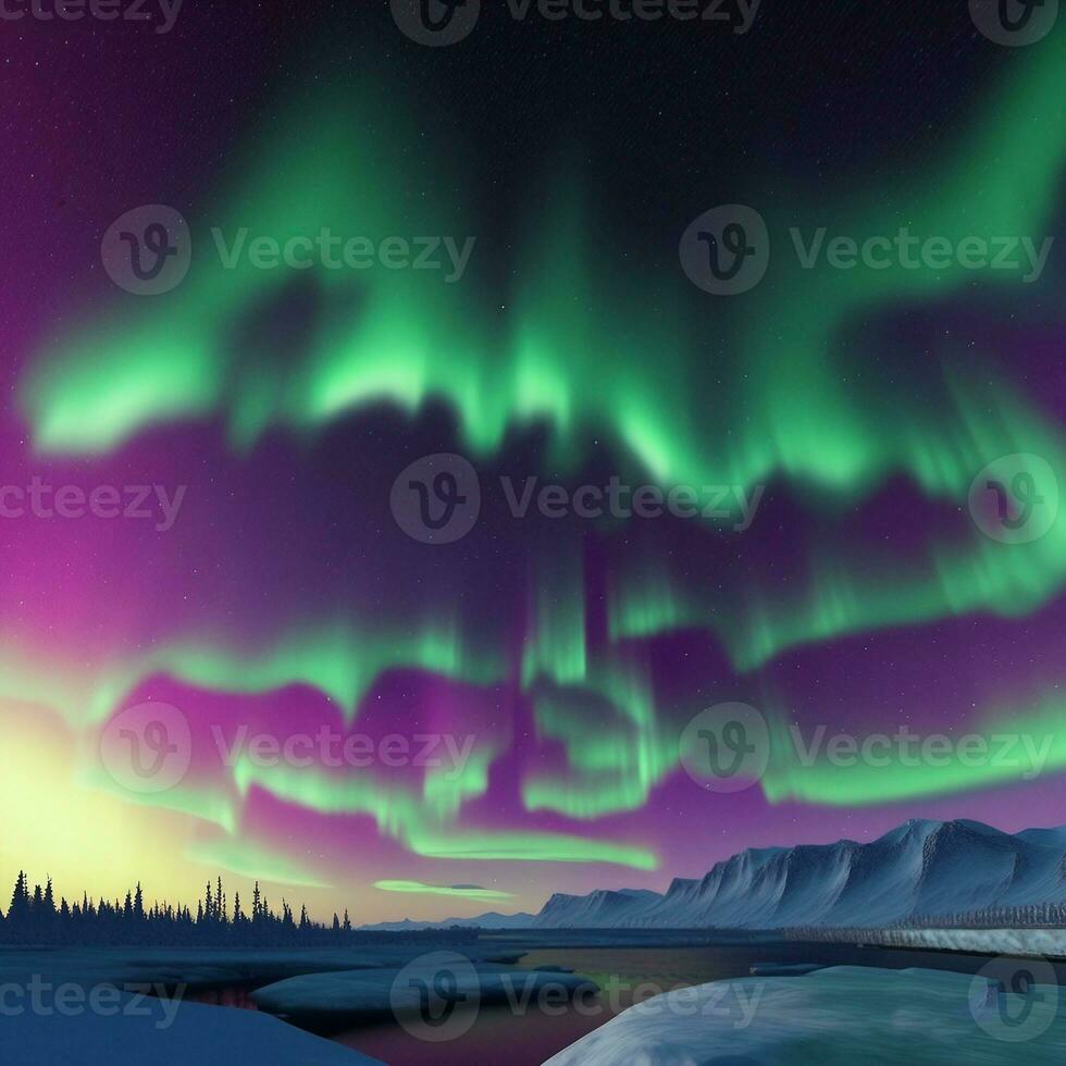 natural conditions with pine forests. the sea in ice, snow and blizzards. Arctic winter snowy landscape. Northern Lights Aurora Borealis flashes in dramatic night sky AI-Generated photo