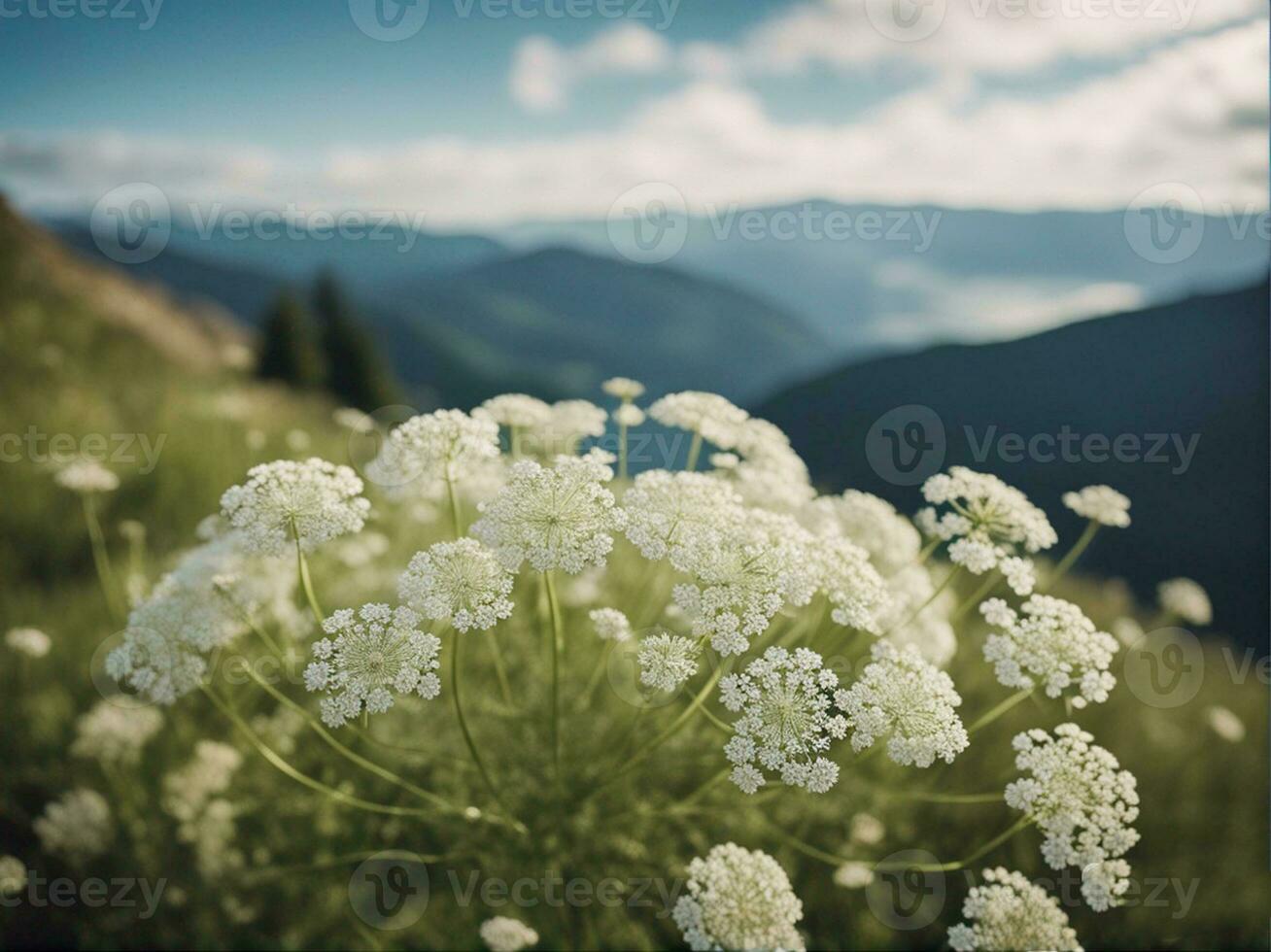 Beautiful meadow wild grass in warm sunlight. Beauty nature field background white small flowers in the form of a parachute on a green blurred background AI-Generated photo