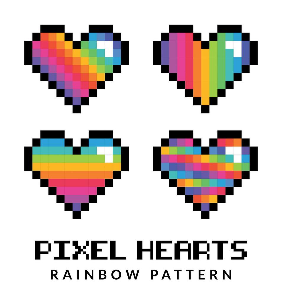 Vector set of pixelated hearts in different colors, Valentine's Day, Rainbow pattern pixel heart, Video game heart icon