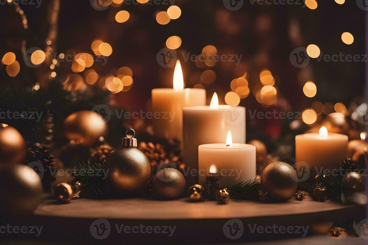 Christmas candle Gift box, tree, boll, and decoration on black background. High quality photo AI-Generated