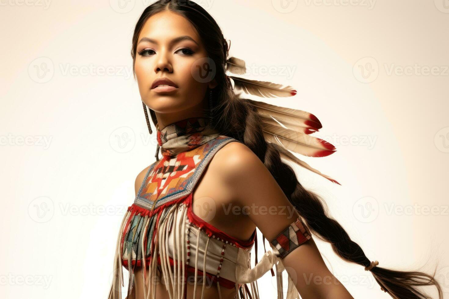 Beautiful young Native American woman in traditional attire of indigenous tribes dancing an ethnic dance against a white background. Close up. Caucasian girl. Apache tribe woman. AI generated photo