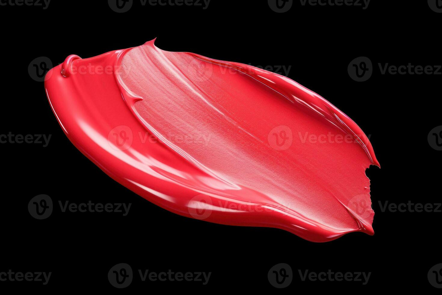 Red lipstick smear. Sample of a red lipstick smear on a black background. Creamy makeup texture. A sample of a bright red cosmetic product brushstroke. Brush stroke swipe.. AI generated photo