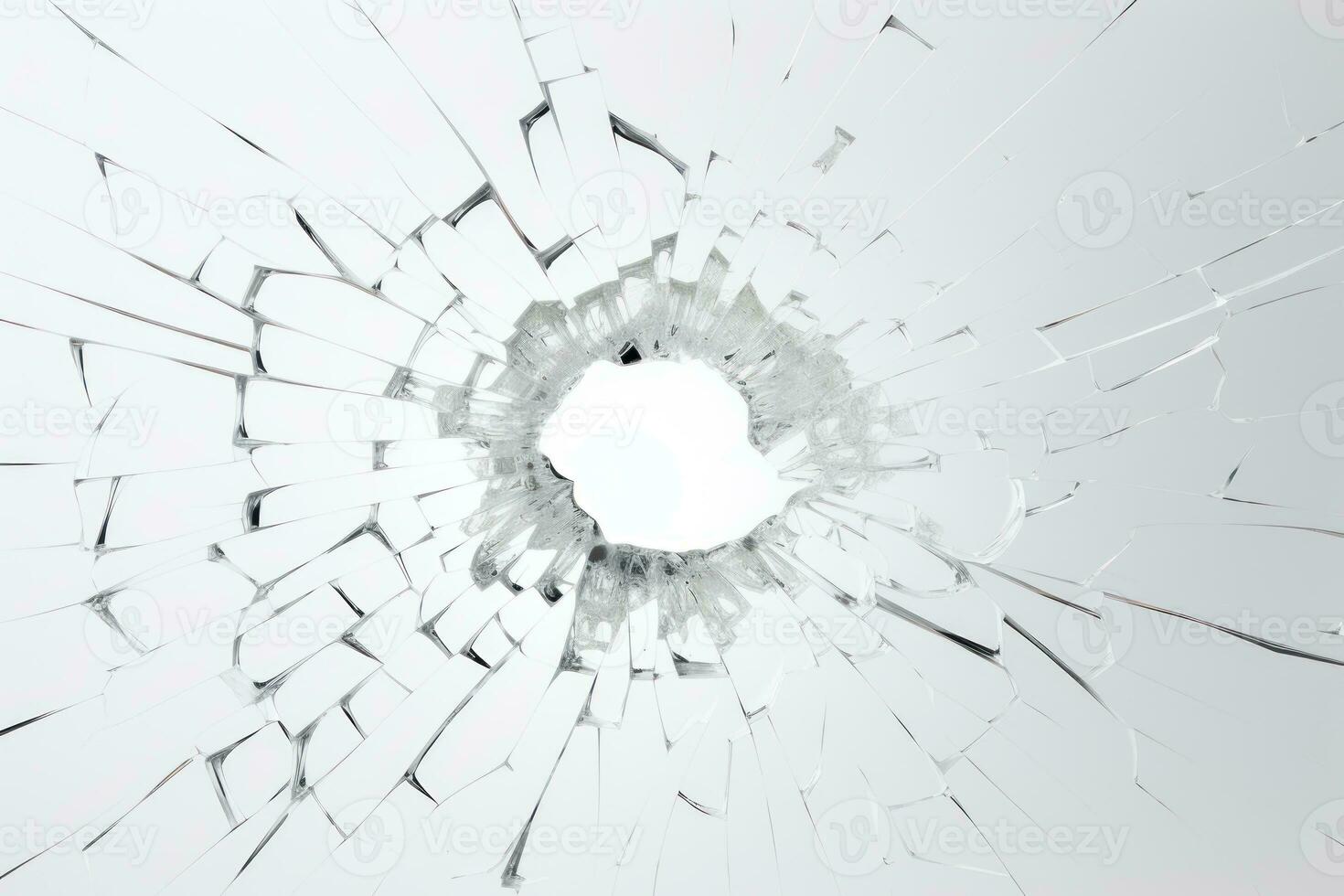 Abstract texture. Broken glass window with hole in the middle and cracks. Glass shards. On a white background. Bullet hole in the glass. Copy Space. Textured Background. AI generated photo