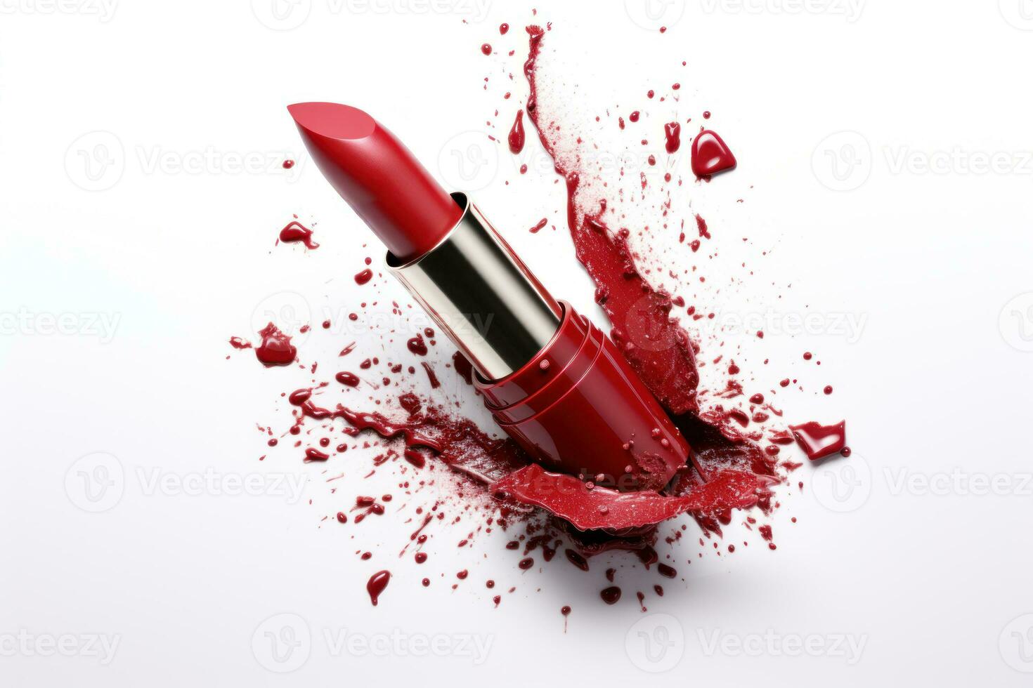 Red lipstick in a splatter, splashes and droplets of a broken lipstick