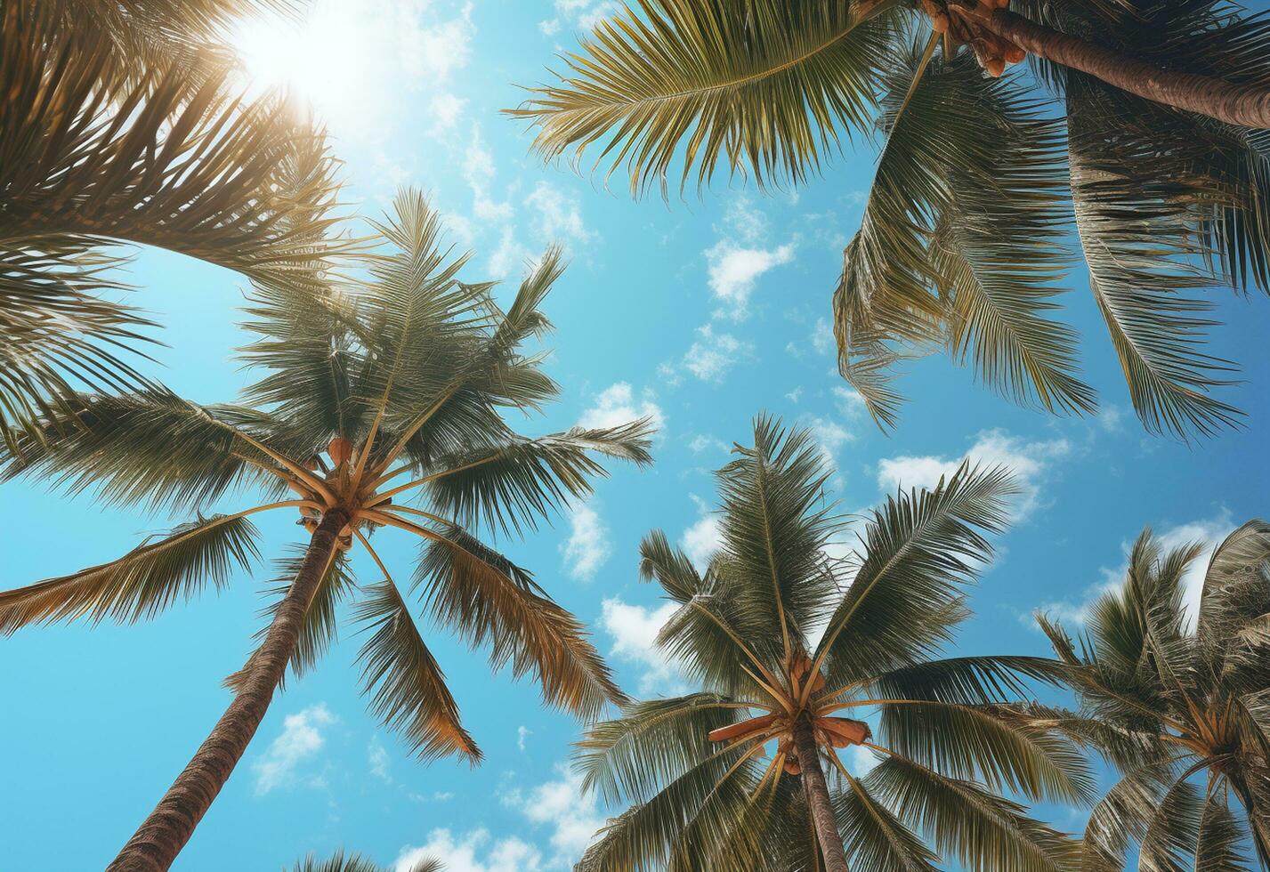 Ai Generated Blue sky and palm trees view from below, vintage style, tropical beach and summer background, travel concept realistic image photo