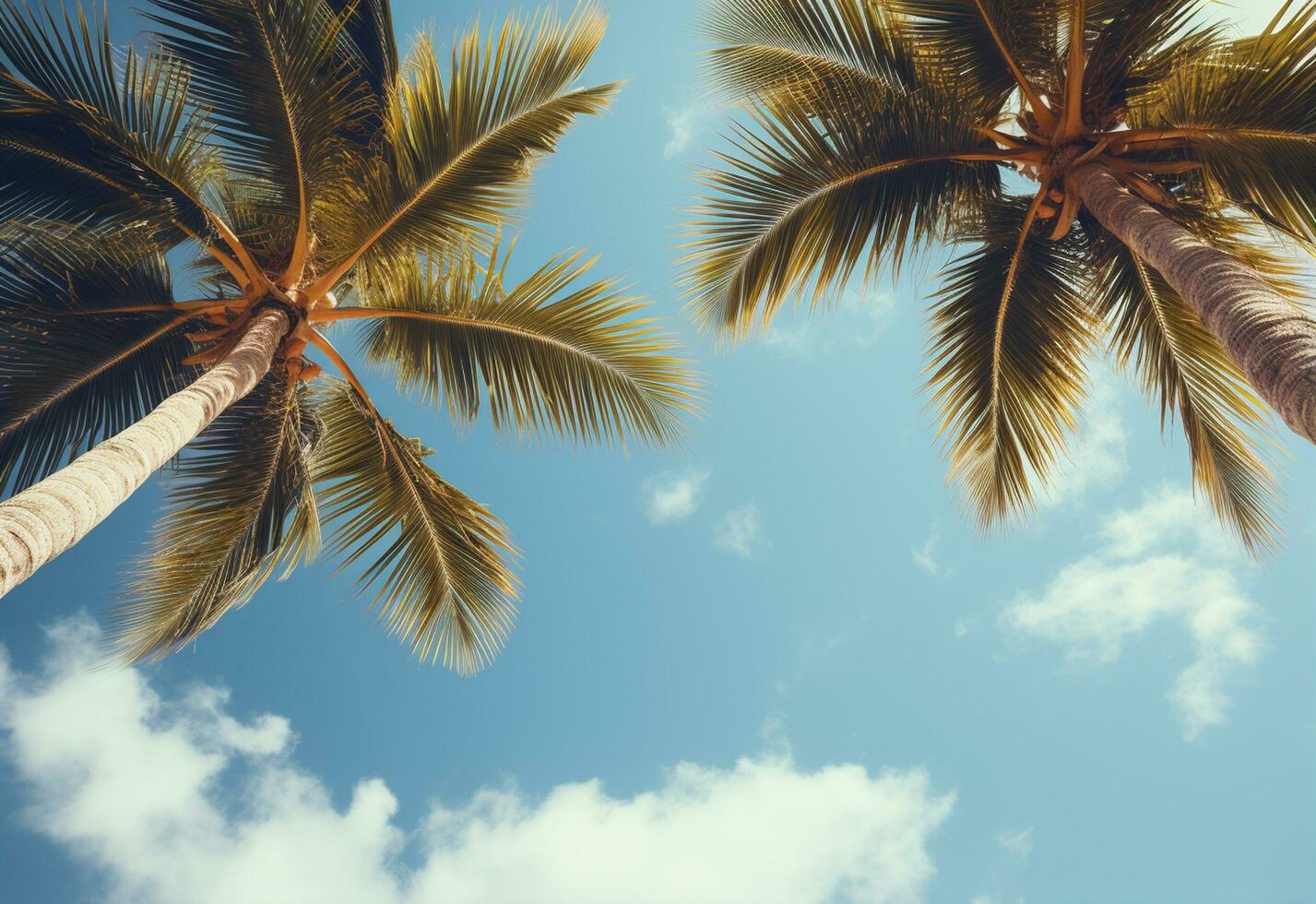 Ai Generated Blue sky and palm trees view from below, vintage style, tropical beach and summer background, travel concept realistic image photo