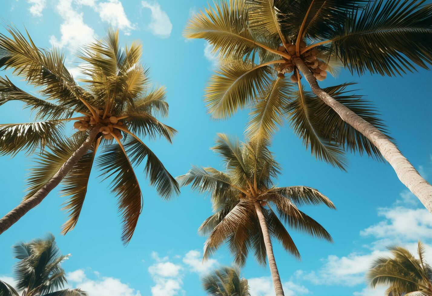 ai generado azul cielo y palma arboles ver desde abajo, Clásico estilo, tropical playa y verano fondo, viaje concepto realista imagen foto