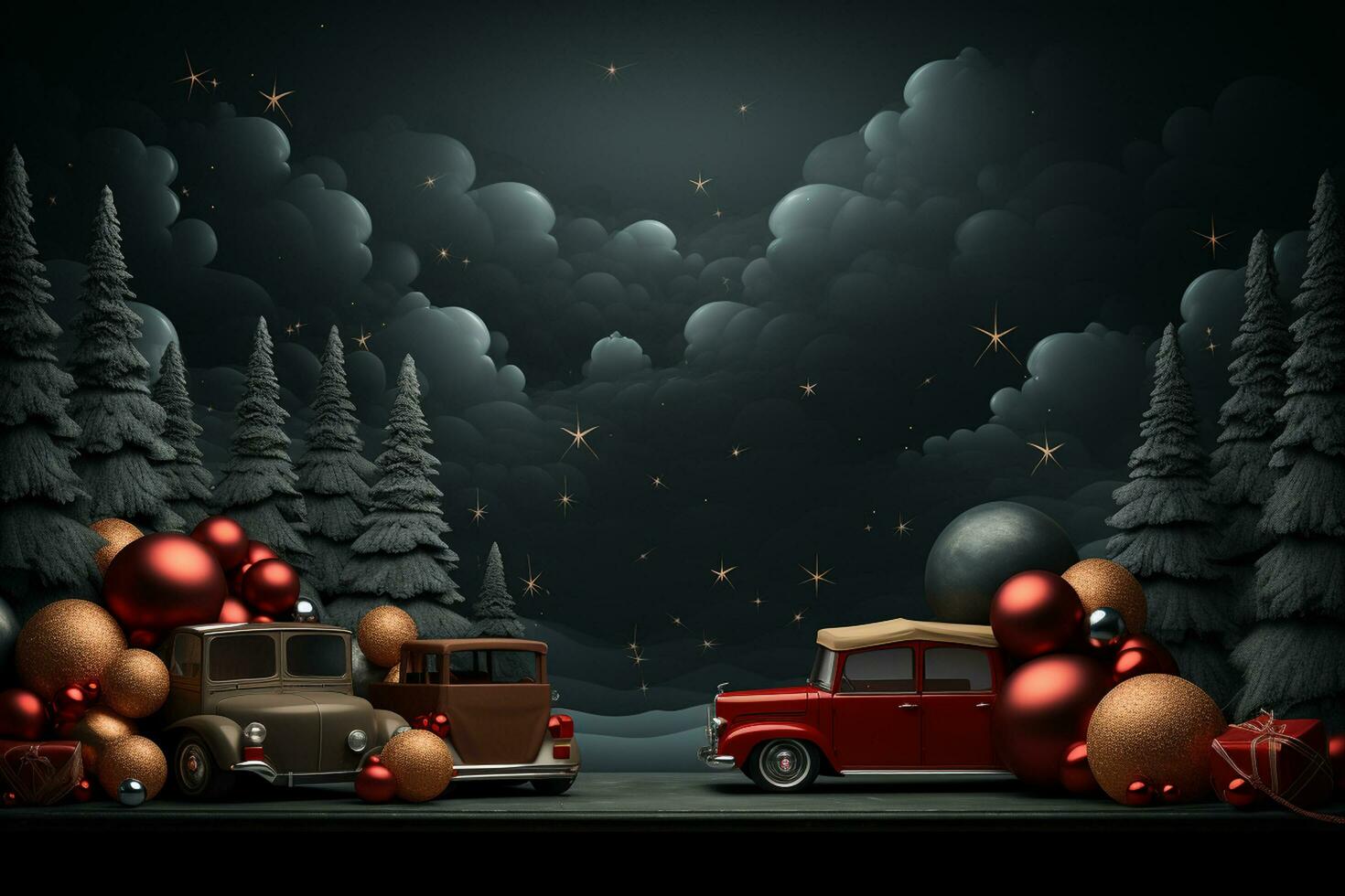Ai Generative Christmas banner with copy space for text, santa claus celebrate with giftboxes, fir tree branches and red ornaments, dark color background photo