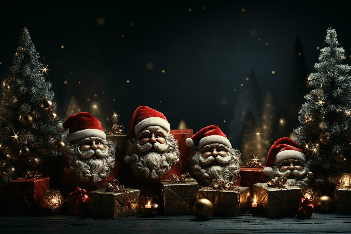 Ai Generative Christmas banner with copy space for text, santa claus celebrate with giftboxes, fir tree branches and red ornaments, dark color background photo