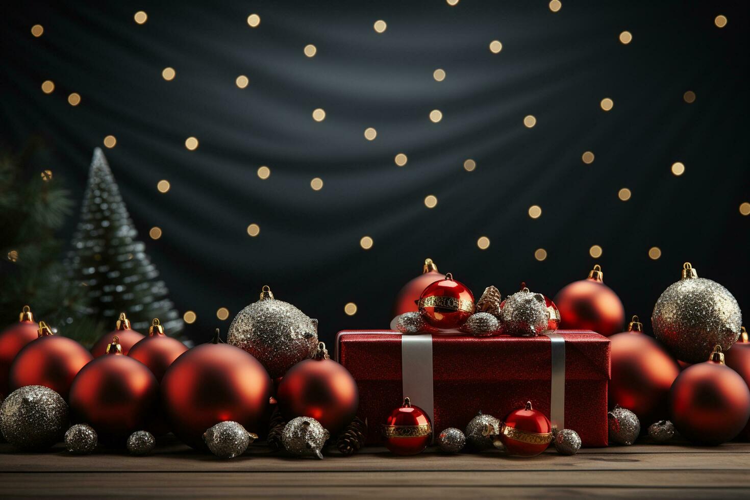 ai generativo Navidad bandera con Copiar espacio para texto, Papa Noel claus celebrar con cajas de regalo, abeto árbol ramas y rojo adornos, oscuro color antecedentes foto