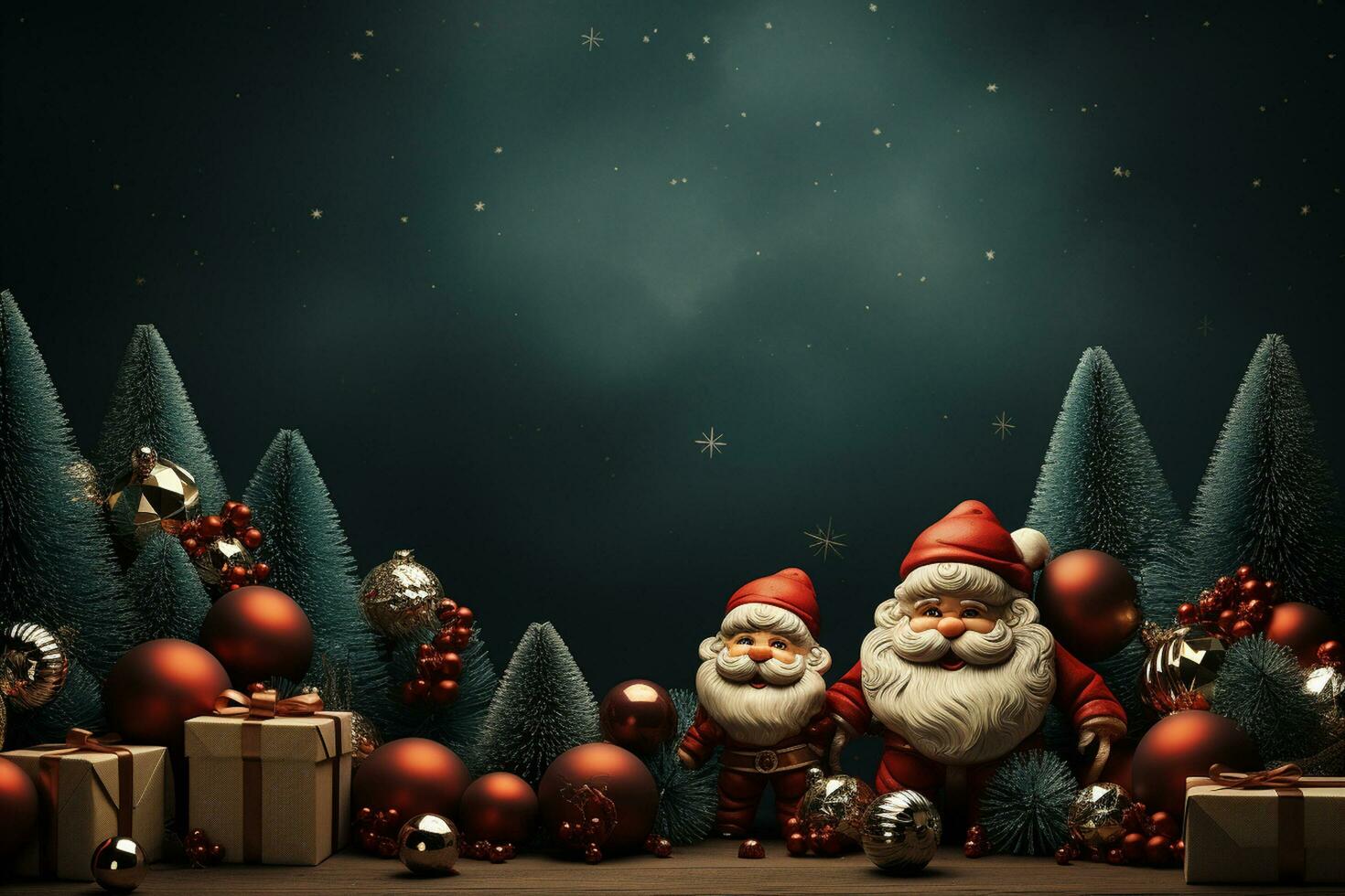 Ai Generative Christmas banner with copy space for text, santa claus celebrate with giftboxes, fir tree branches and red ornaments, dark color background photo
