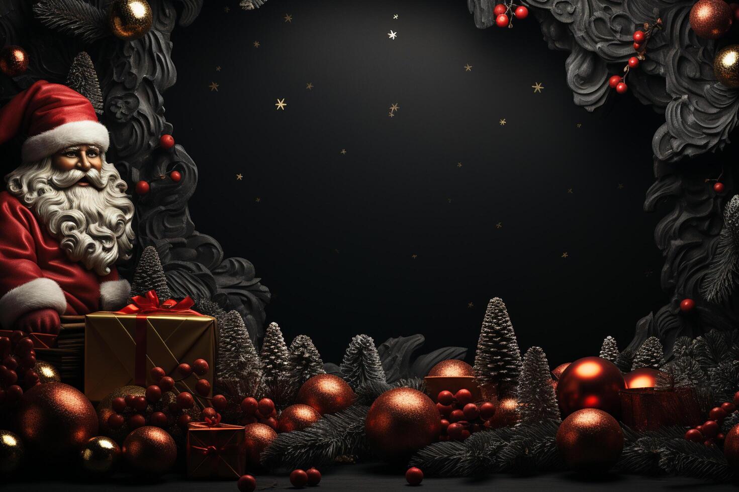 Ai Generative Christmas banner with copy space for text, santa claus celebrate with giftboxes, fir tree branches and red ornaments, dark color background photo