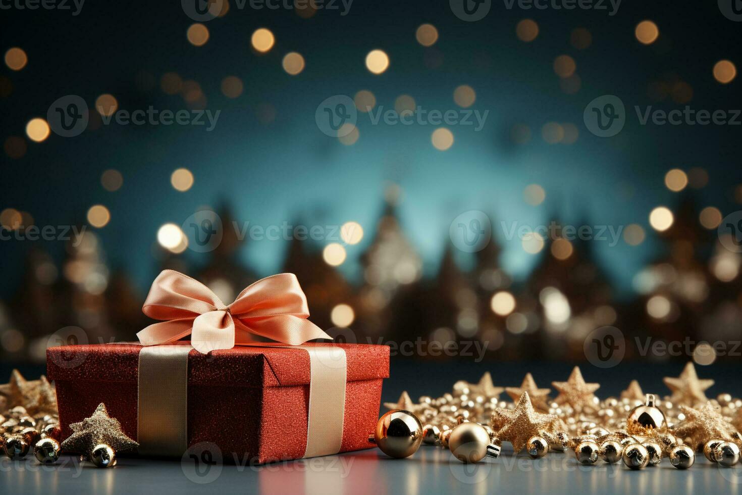 Ai Generative Background of christmas tree and red gift box on a christmas empty background with copy space photo