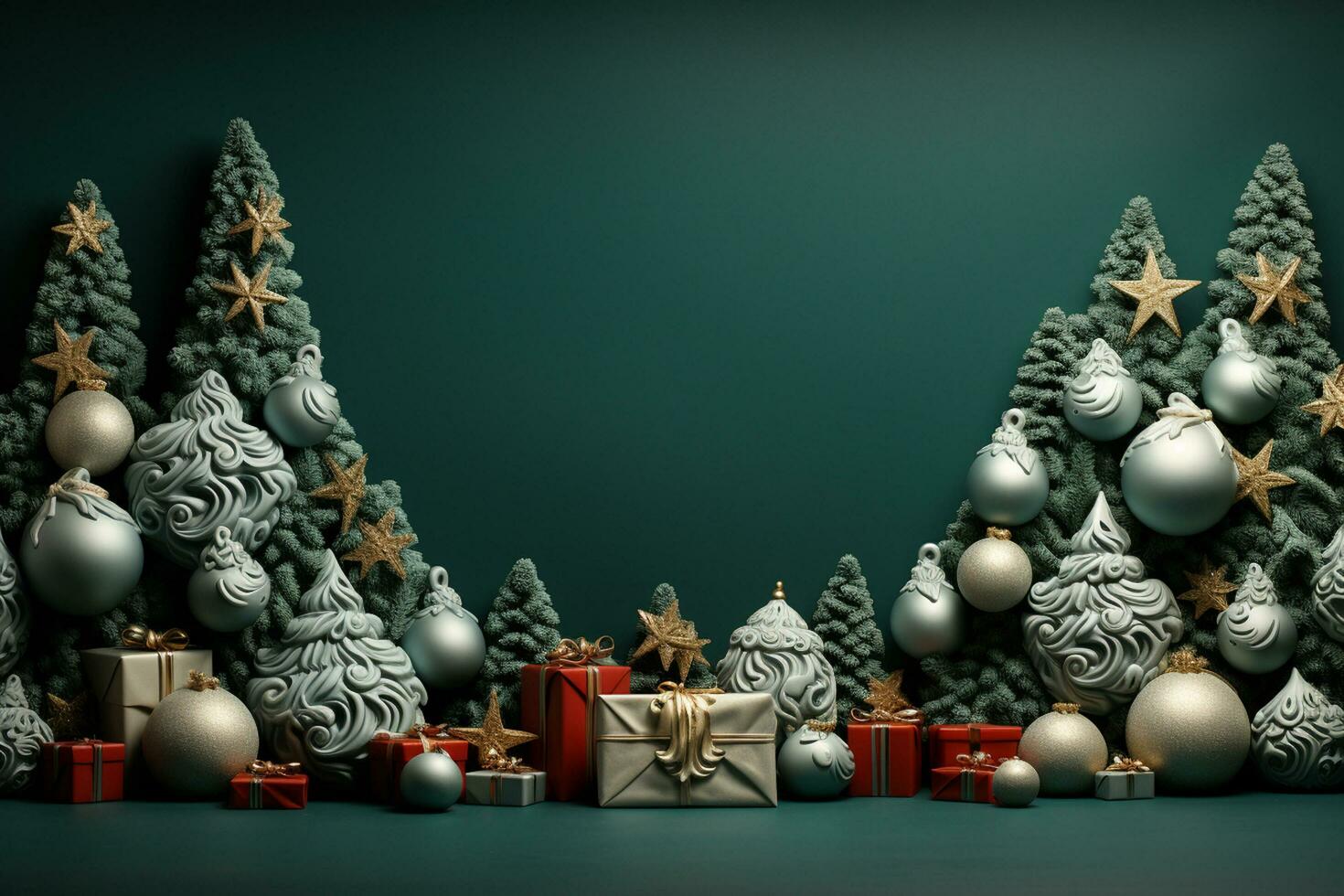 Ai Generative Christmas banner with copy space for text, santa claus celebrate with giftboxes, fir tree branches and red ornaments, dark color background photo