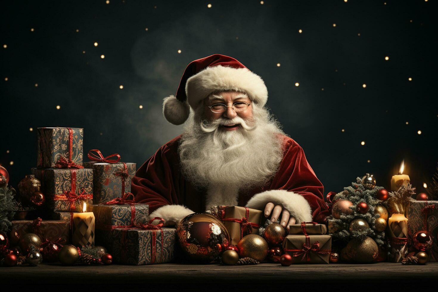 Ai Generative Christmas banner with copy space for text, santa claus celebrate with giftboxes, fir tree branches and red ornaments, dark color background photo