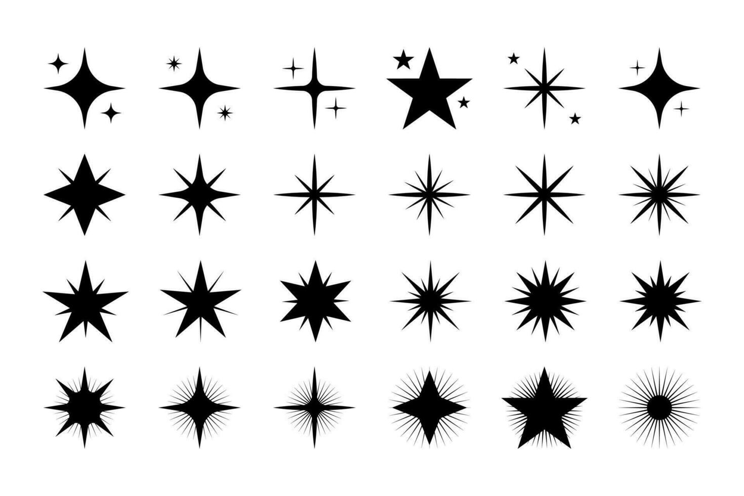 estrella siluetas, estrella forma iconos, plano geométrico formas, decorativo estrellado recopilación, espumoso estrellas vector