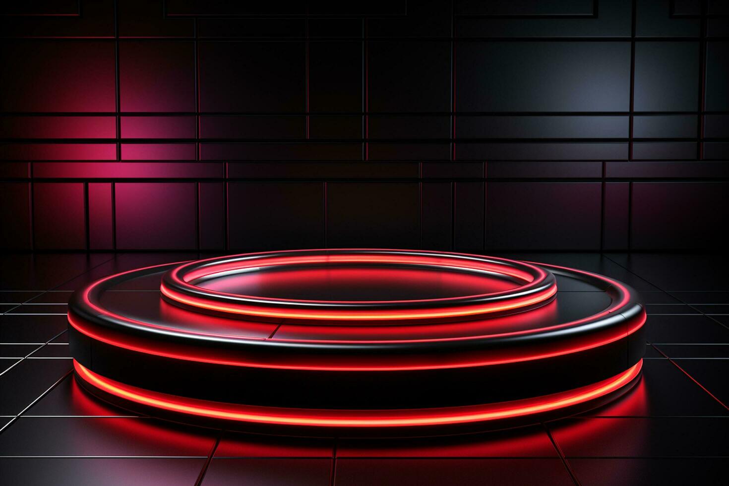 Ai Generated photo red light round podium and black background for mock up realistic image