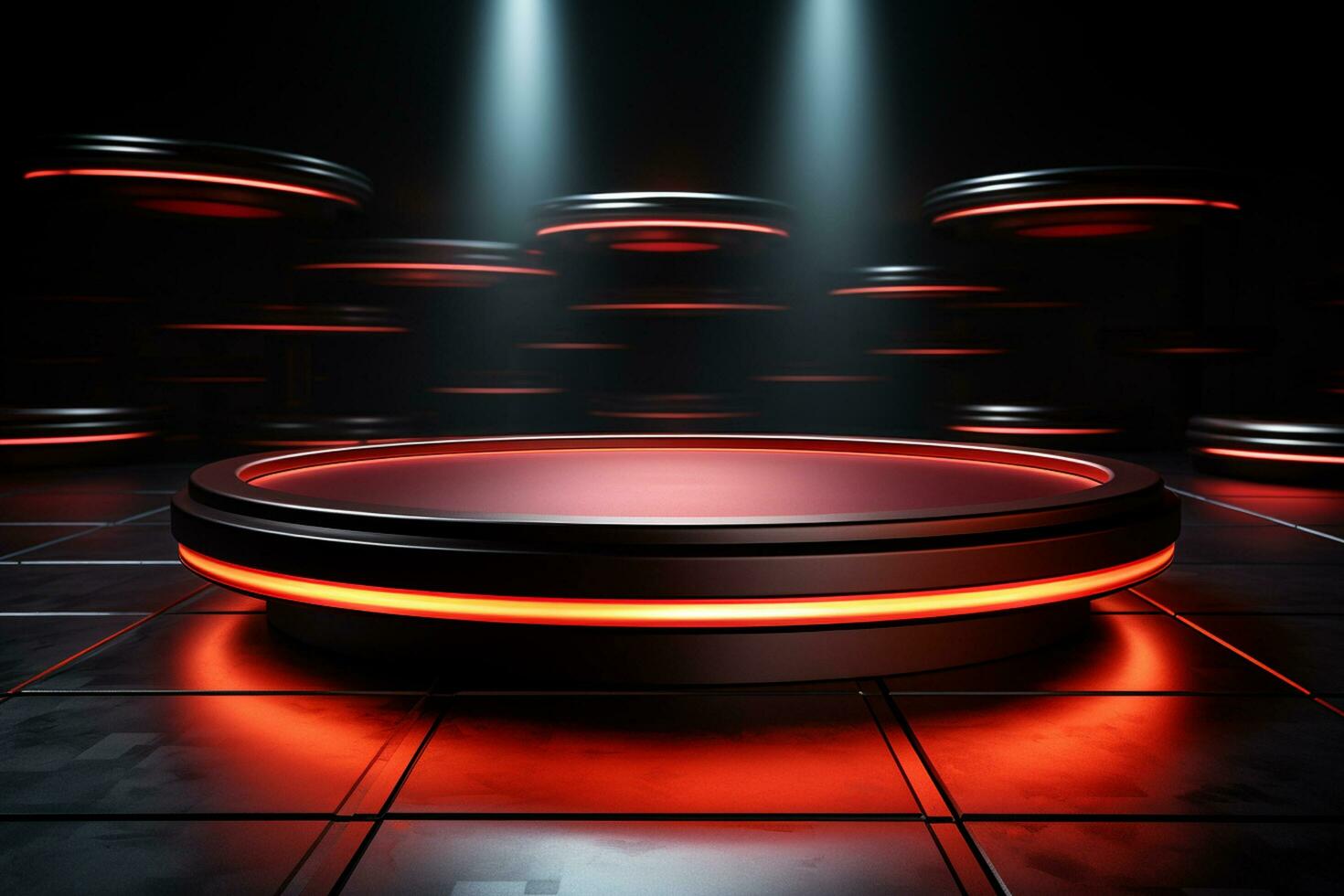 Ai Generated photo red light round podium and black background for mock up realistic image