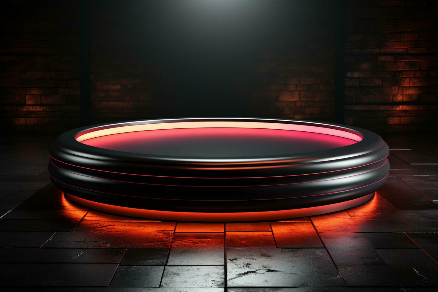 Ai Generated photo red light round podium and black background for mock up realistic image